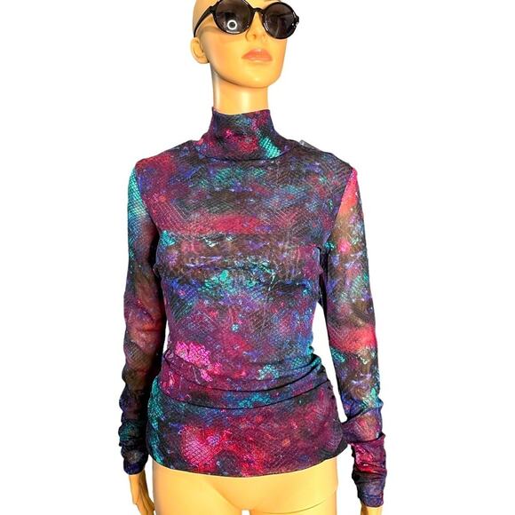 INC Sheer TOP Womens L Petite Purple Snakeskin Pattern Long Sleeve Turtle Neck - Picture 1 of 11